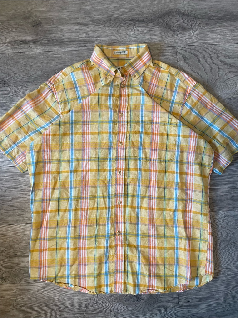 Orvis Linen Blend Yellow Plaid Short-Sleeve Button-Down Shirt
